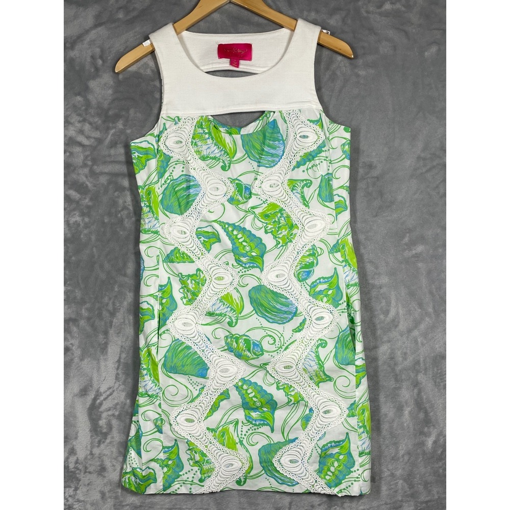 Lilly Pulitzer Jubilee Shift Dress Green Blue Seashell Lace Trim Cutout Back 4